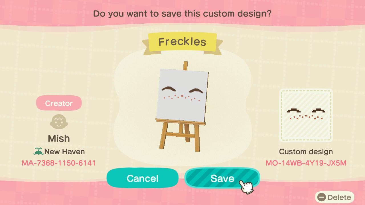 Animal Crossing Design Code: MO-14WB-4Y19-JX5M Freckles