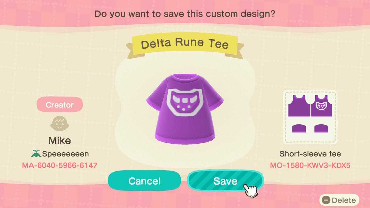 Animal Crossing Design Code: MO-1580-KWV3-KDX5 Delta Rune Tee
