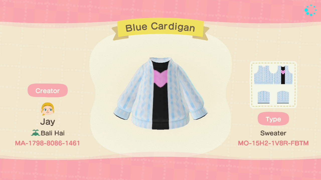 Animal Crossing Design Code: MO-15H2-1V8R-FBTM Blue Cardigan