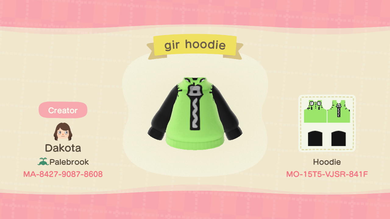 Animal Crossing Design Code: MO-15T5-VJSR-841F GIR Hoodie