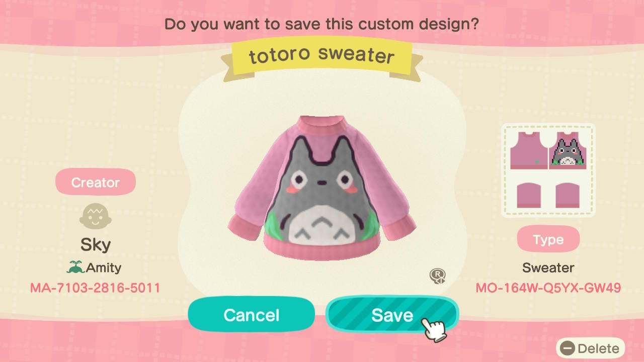 Animal Crossing Design Code: MO-164W-Q5YX-GW49 Totoro Sweater
