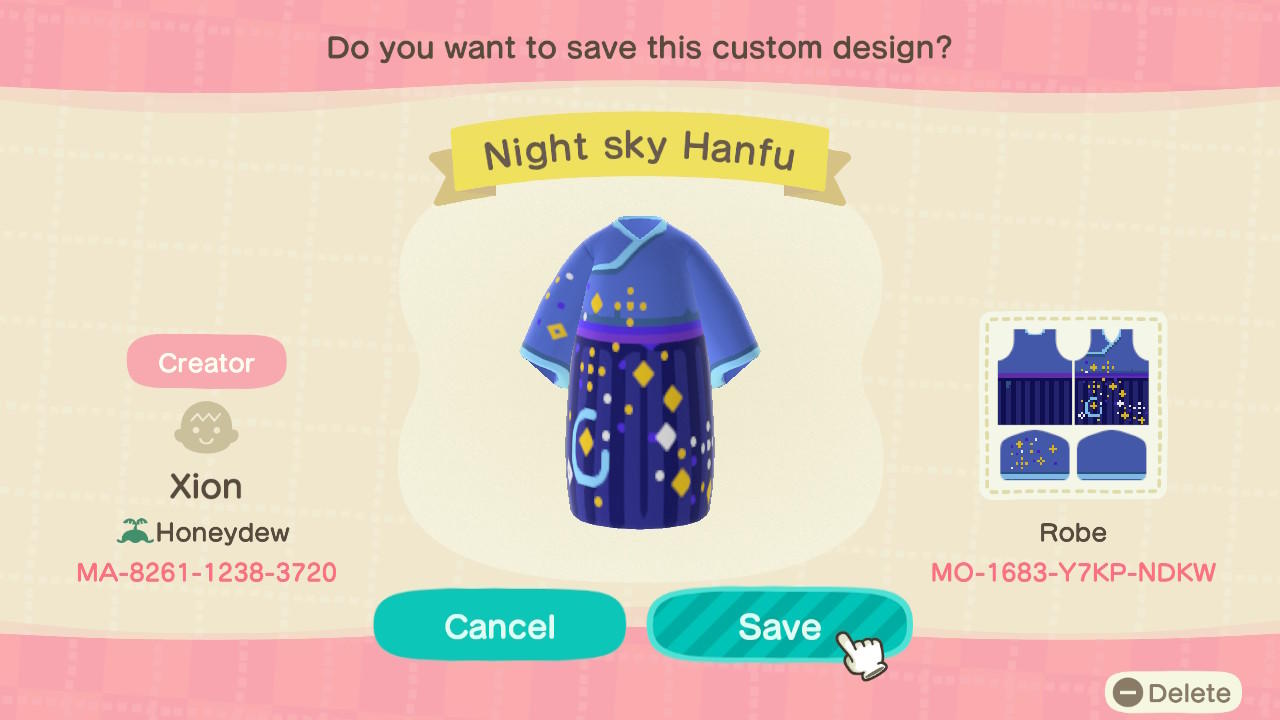 Animal Crossing Design Code: MO-1683-Y7KP-NDKW Night Sky Hanfu