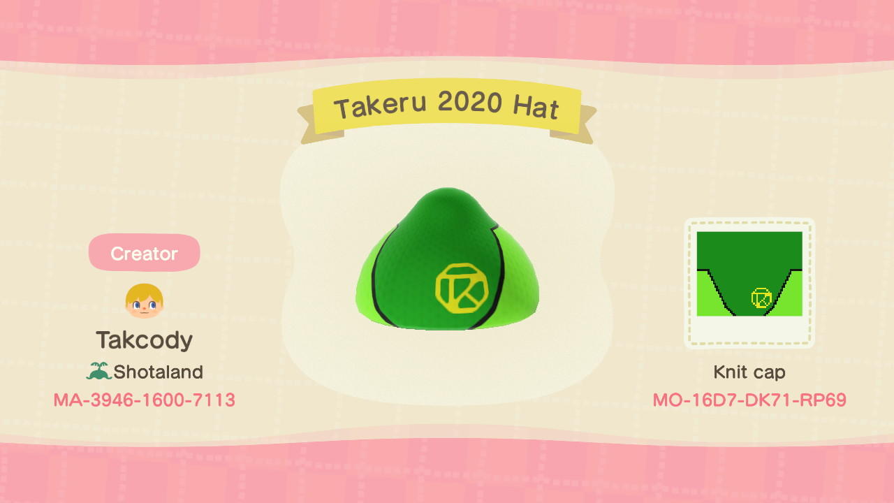 Animal Crossing Design Code: MO-16D7-DK71-RP69 Takeru 2020 Hat