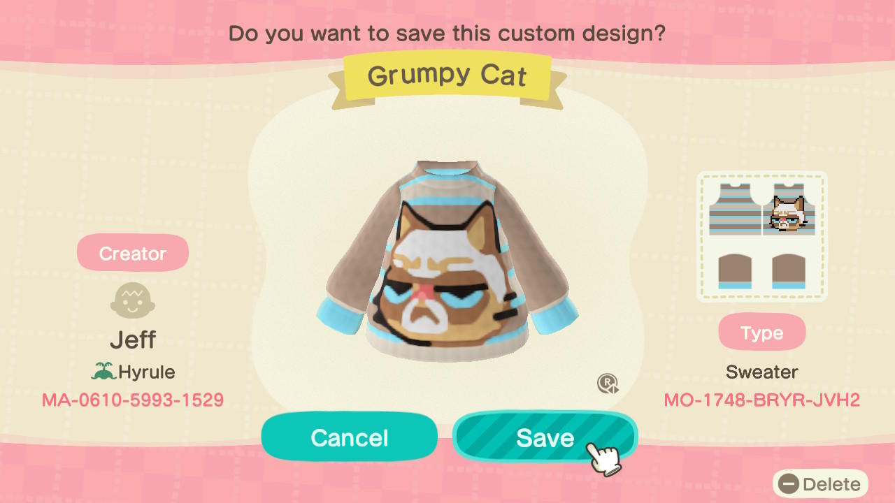 Animal Crossing Design Code: MO-1748-BRYR-JVH2 Grumpy Cat