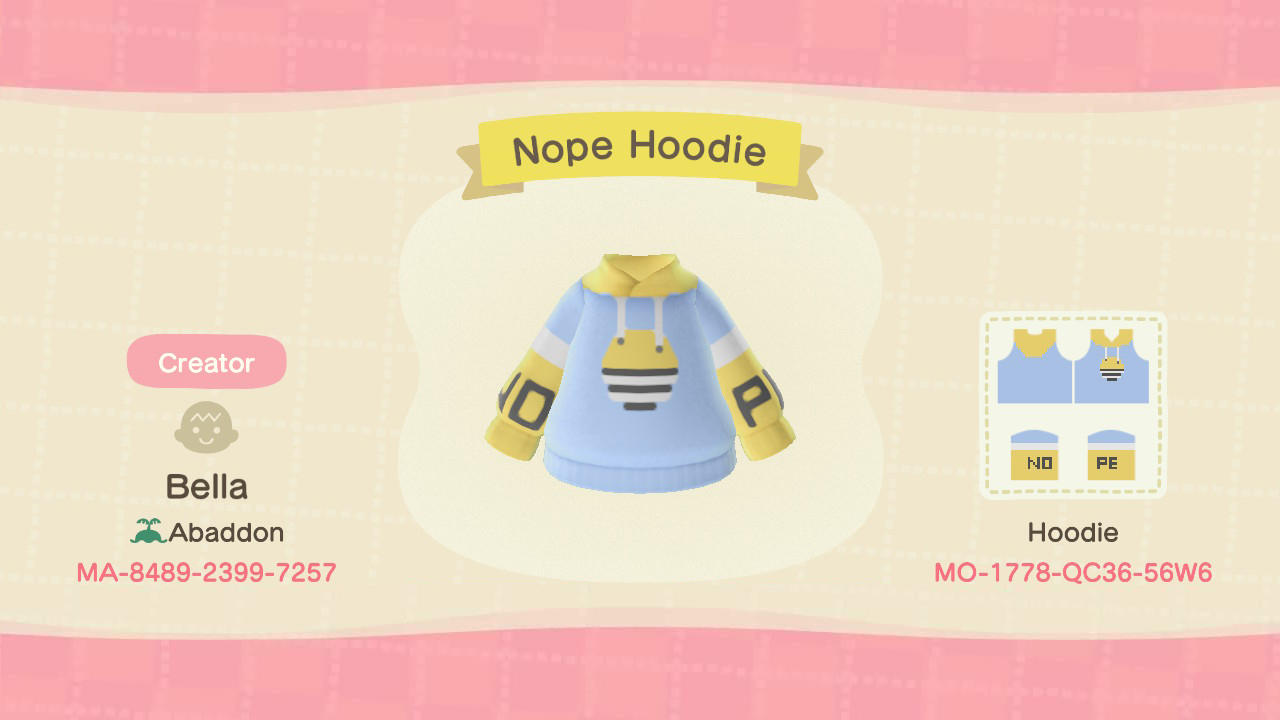 Animal Crossing Design Code: MO-1778-QC36-56W6 Nope Hoodie