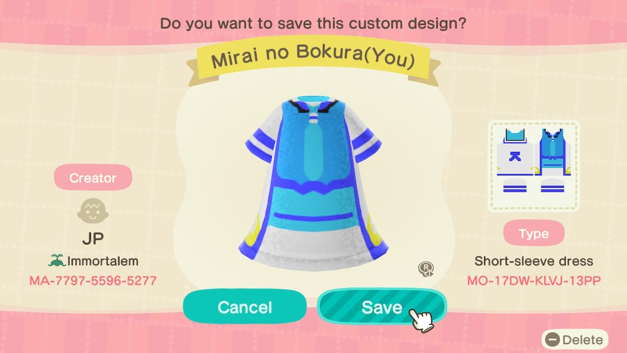 Animal Crossing Design Code: MO-17DW-KLVJ-13PP Mirai no Bokura(You)