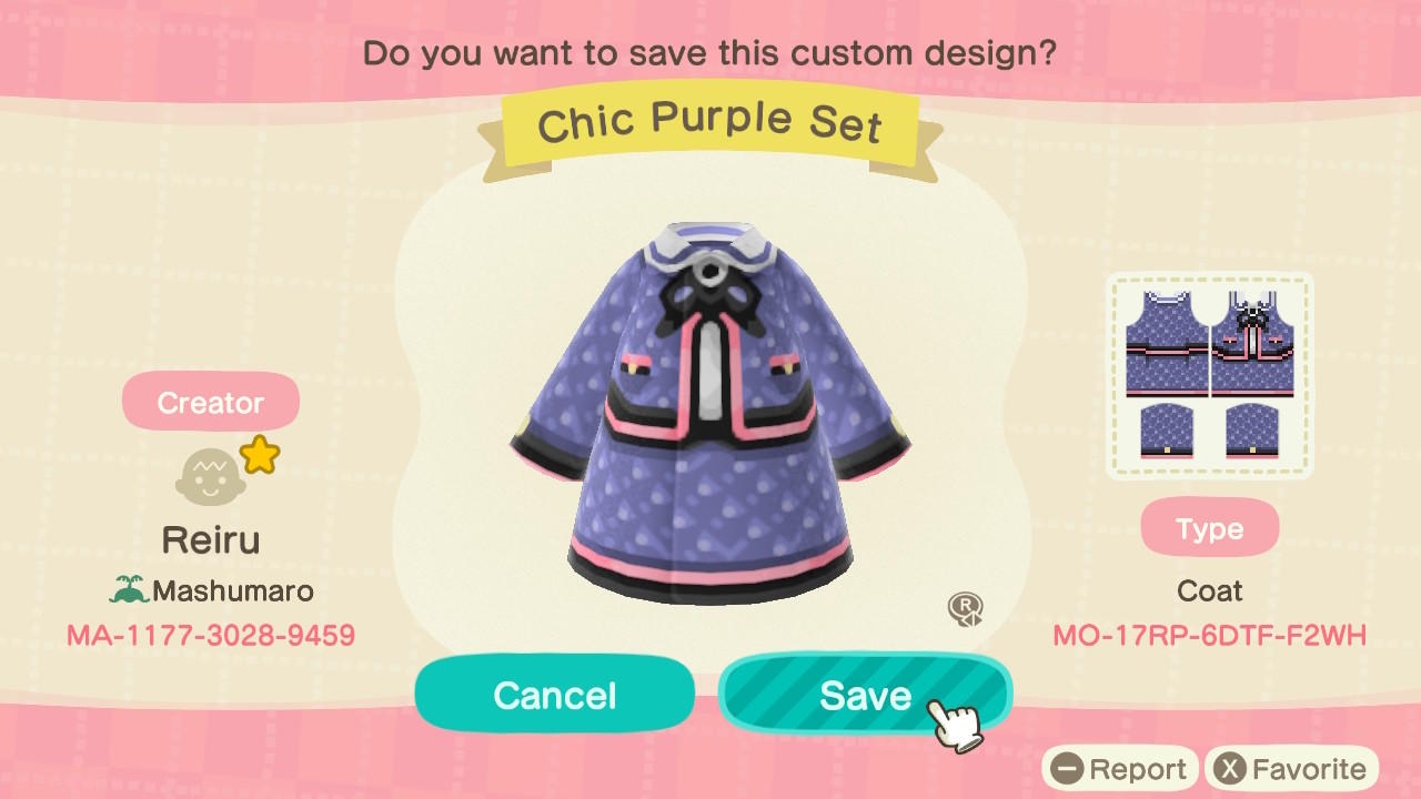 Animal Crossing Design Code: MO-17RP-6DTF-F2WH Chic Purple Set