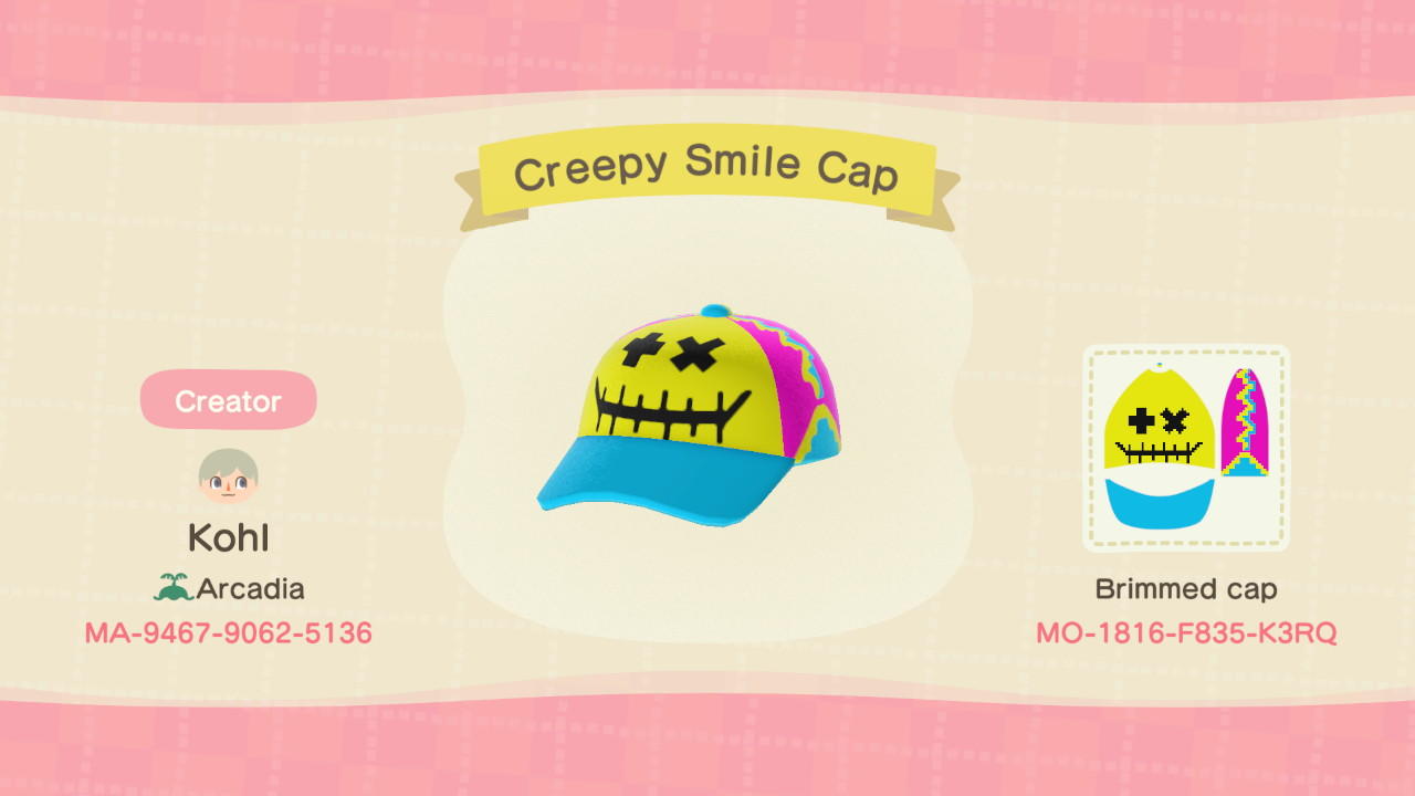 Animal Crossing Design Code: MO-1816-F835-K3RQ Creepy Smile Cap