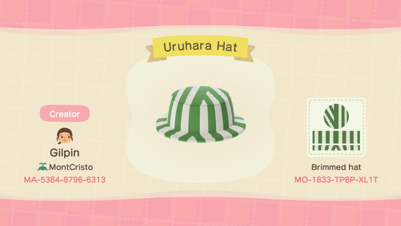 Animal Crossing Design Code: MO-1833-TP8P-XL1T Urahara Hat (Darker)