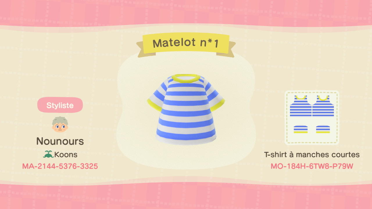 Animal Crossing Design Code: MO-184H-6TW8-P79W Matelot n*1