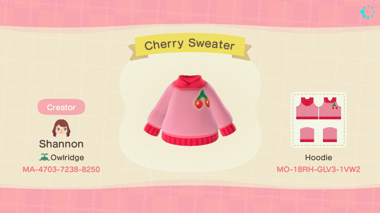 Animal Crossing Design Code: MO-18RH-GLV3-1VW2 Cherry Hoodie