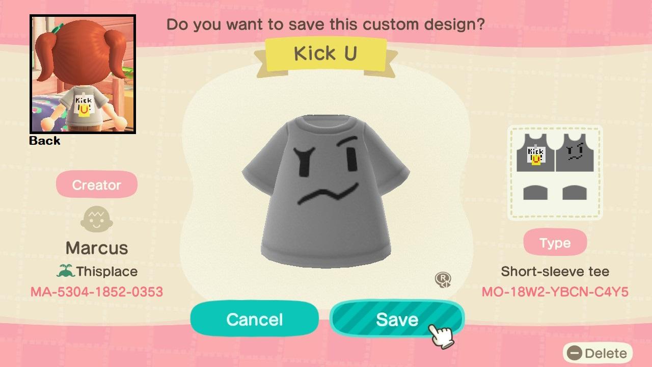 Animal Crossing Design Code: MO-18W2-YBCN-C4Y5 Kick U