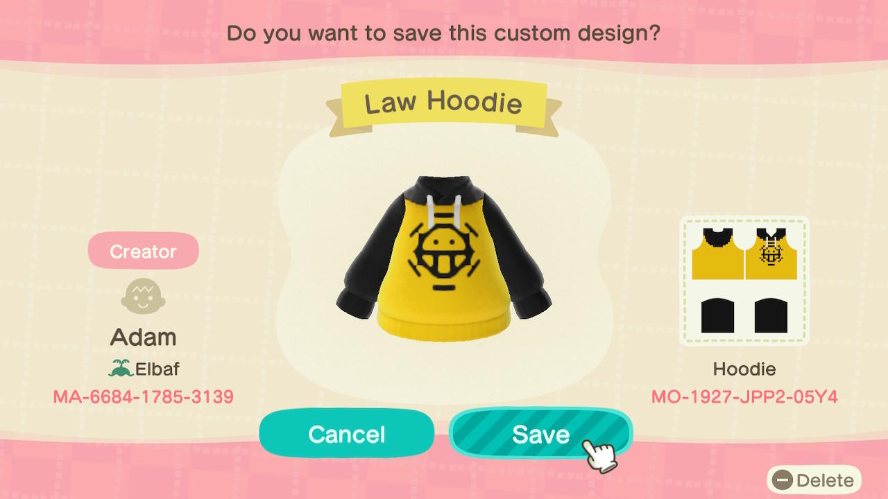 Animal Crossing Design Code: MO-1927-JPP2-05Y4 Law Hoodie