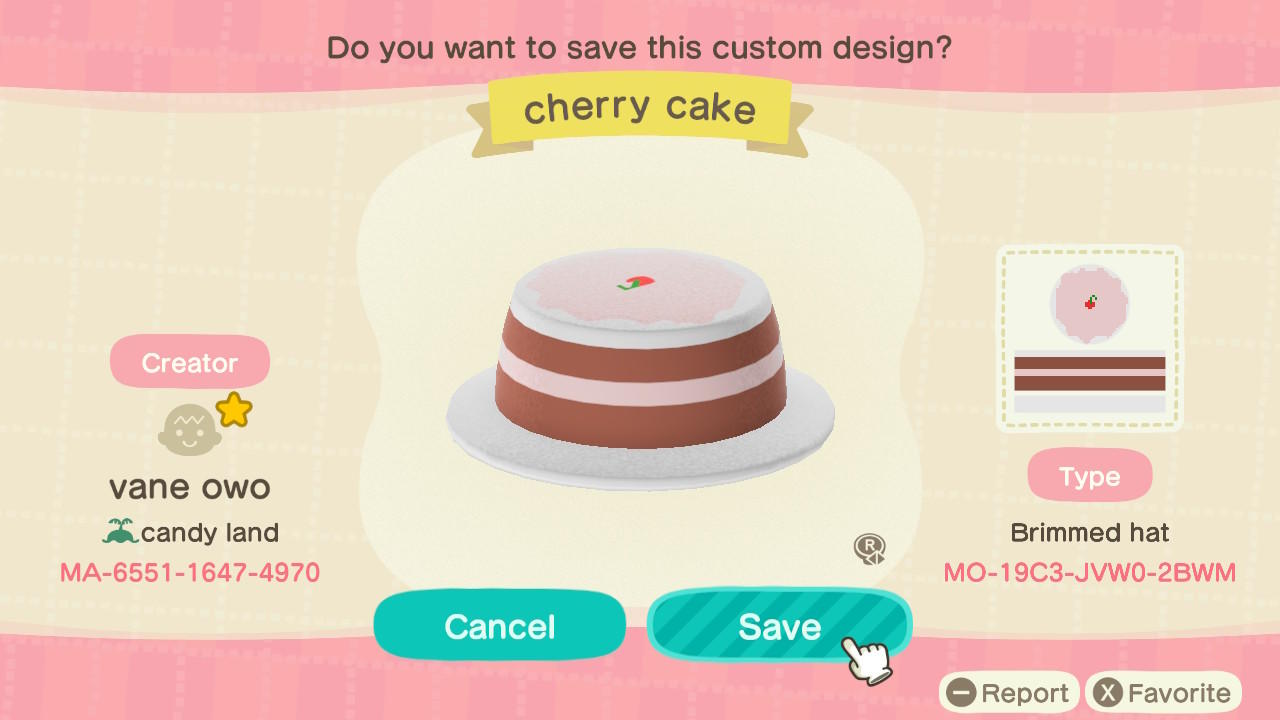 Animal Crossing Design Code: MO-19C3-JVW0-2BWM Cherry Cake