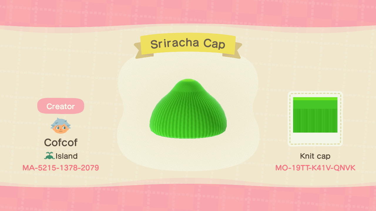 Animal Crossing Design Code: MO-19TT-K41V-QNVK Sriracha Cap