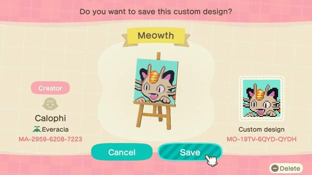 Animal Crossing Design Code: MO-19TV-6QYD-QYDH Meowth