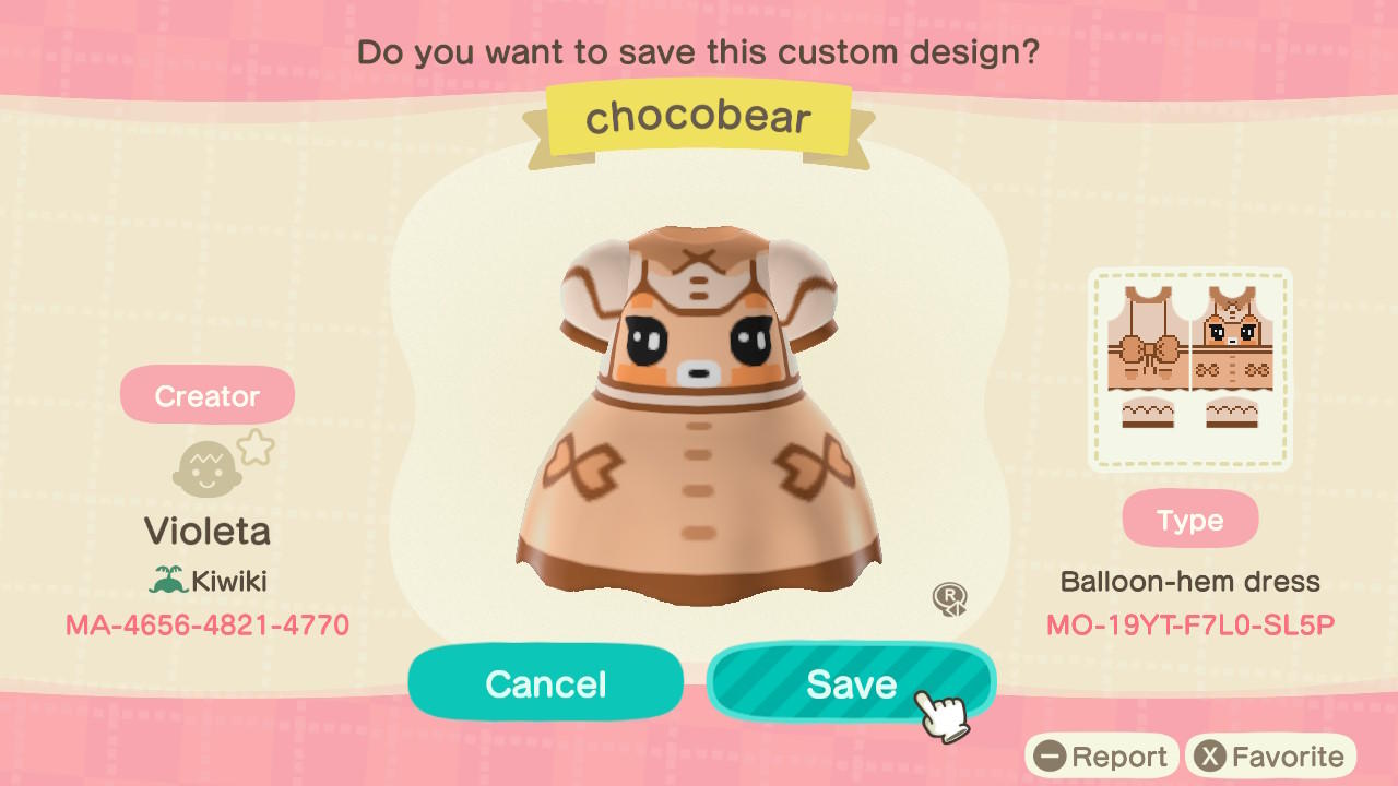 Animal Crossing Design Code: MO-19YT-F7L0-SL5P Chocobear