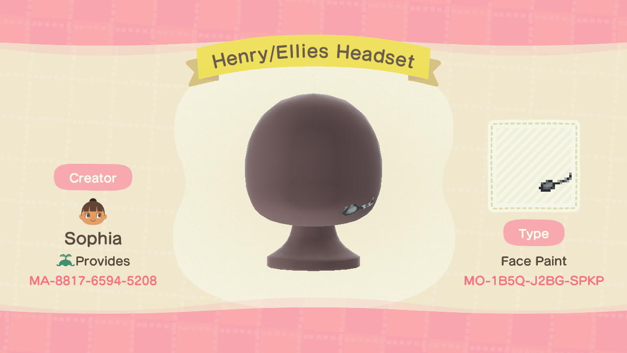 Animal Crossing Design Code: MO-1B5Q-J2BG-SPKP Henry/Ellie'sHeadset