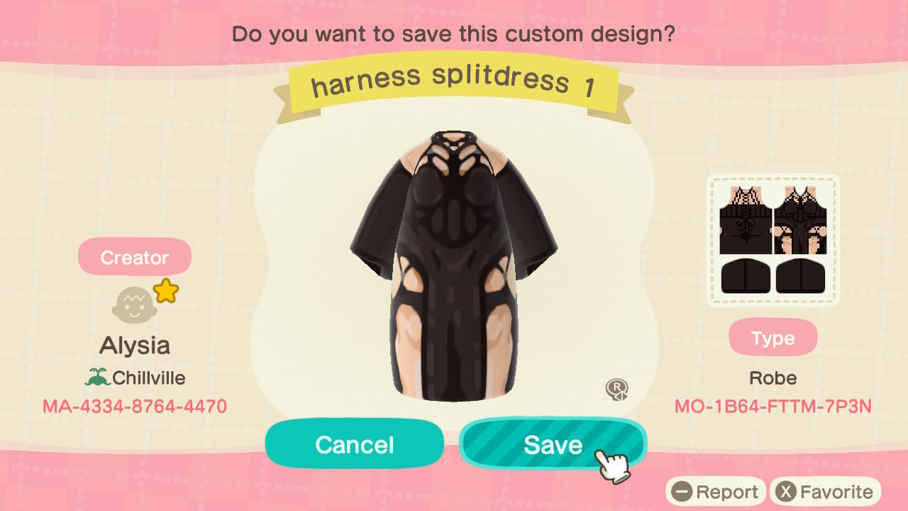 Animal Crossing Design Code: MO-1B64-FTTM-7P3N Harness SplitDress 1