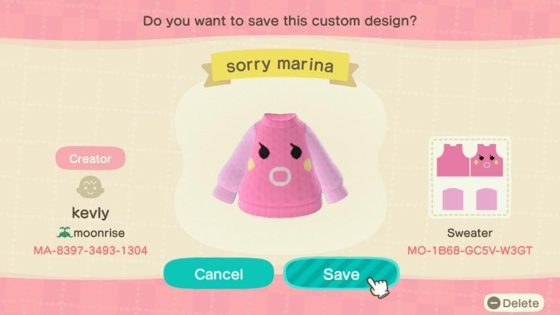 Animal Crossing Design Code: MO-1B68-GC5V-W3GT sorry marina
