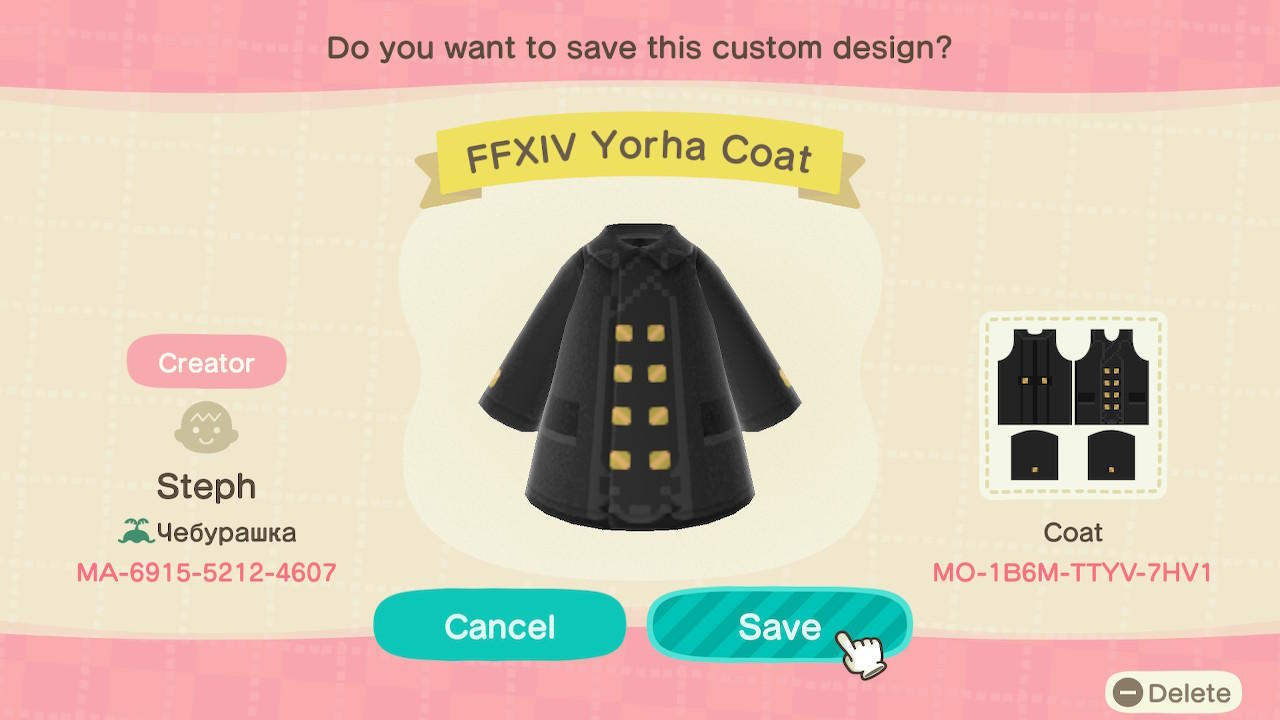 Animal Crossing Design Code: MO-1B6M-TTYV-7HV1 FFXIV Yorha Coat