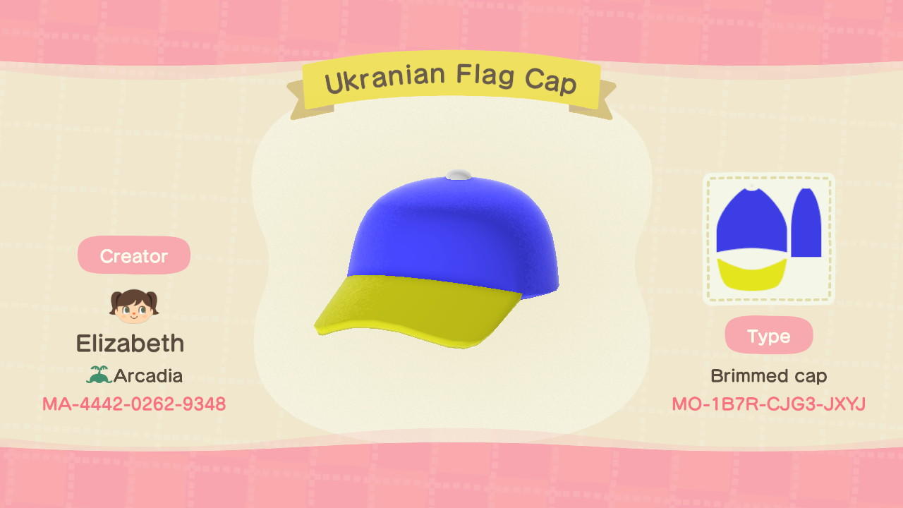 Animal Crossing Design Code: MO-1B7R-CJG3-JXYJ Ukranian Flag Cap