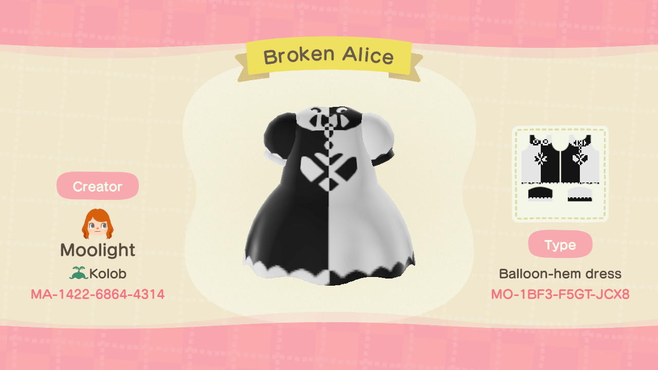 Animal Crossing Design Code: MO-1BF3-F5GT-JCX8 Broken Alice