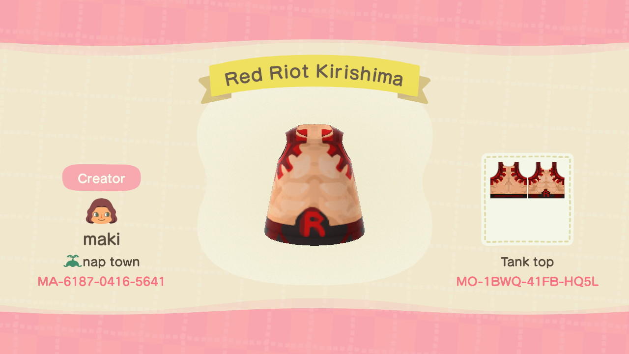 Animal Crossing Design Code: MO-1BWQ-41FB-HQ5L Red Riot Kirishima