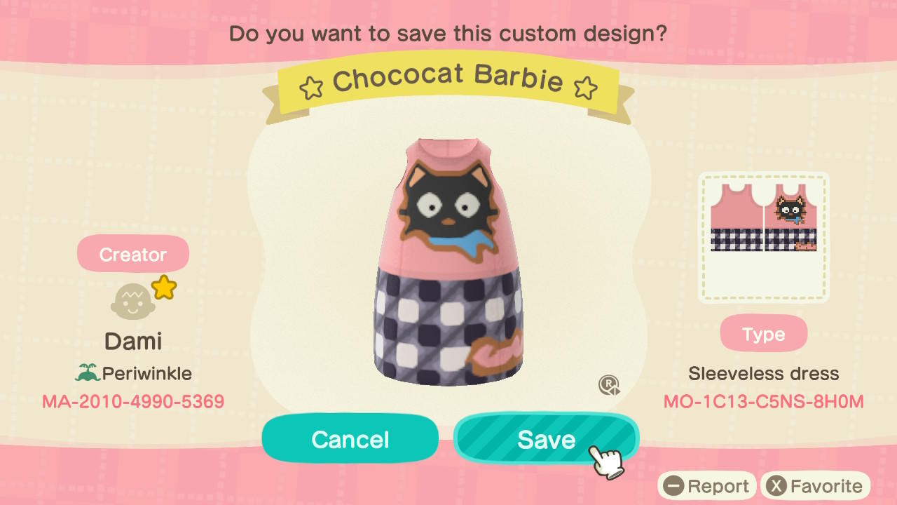 Animal Crossing Design Code: MO-1C13-C5NS-8H0M Chococat Barbie