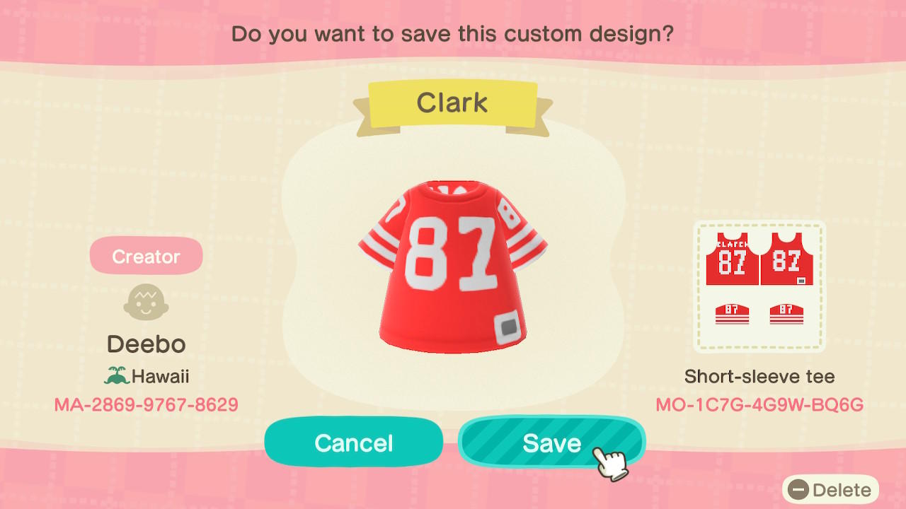 Animal Crossing Design Code: MO-1C7G-4G9W-BQ6G SF 49ers D. Clark