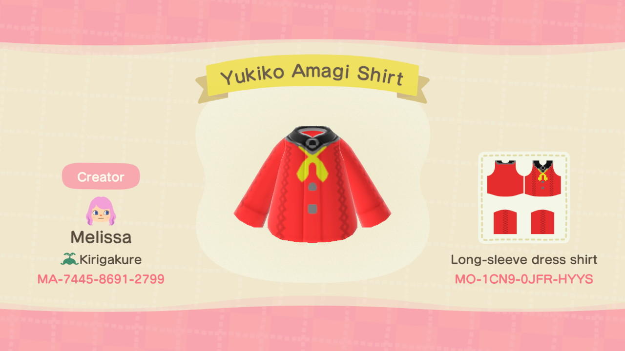 Animal Crossing Design Code: MO-1CN9-0JFR-HYYS Yukiko Amagi Shirt