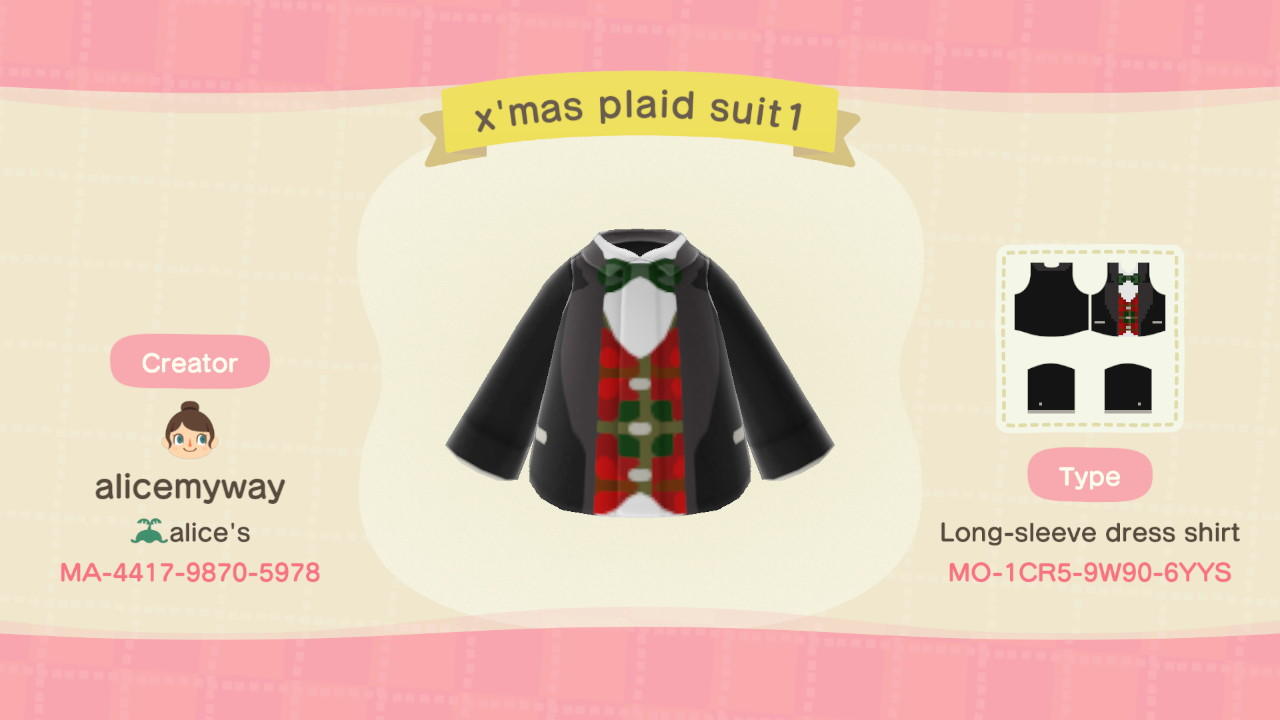 Animal Crossing Design Code: MO-1CR5-9W90-6YYS X'mas Plaid Suit