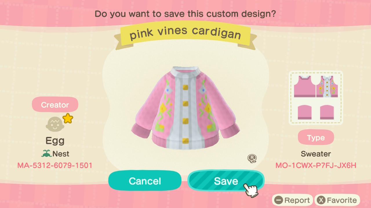 Animal Crossing Design Code: MO-1CWX-P7FJ-JX6H Pink Vines Cardigan