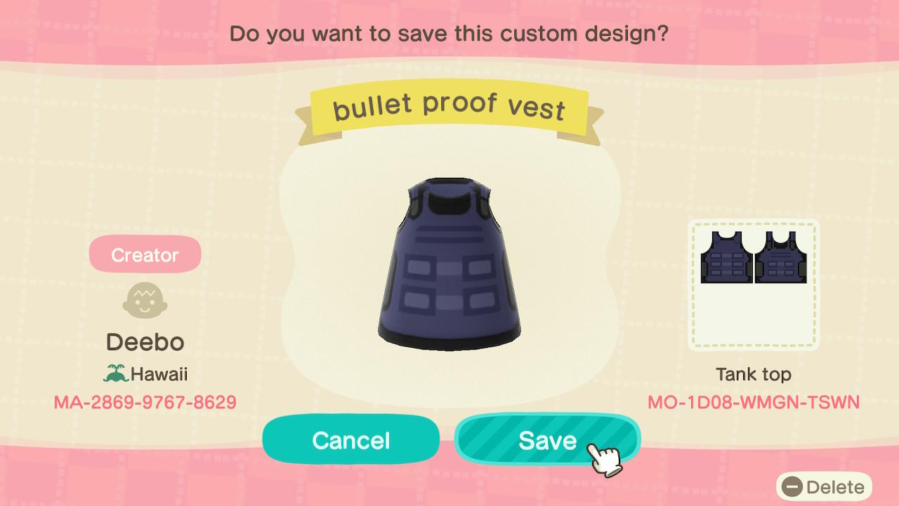 Animal Crossing Design Code: MO-1D08-WMGN-TSWN Bulletproof Vest