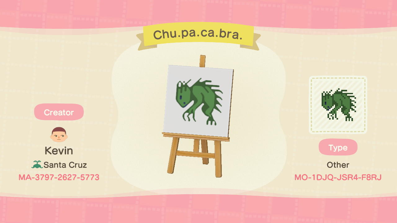 Animal Crossing Design Code: MO-1DJQ-JSR4-F8RJ Chupacabra Pet Bed