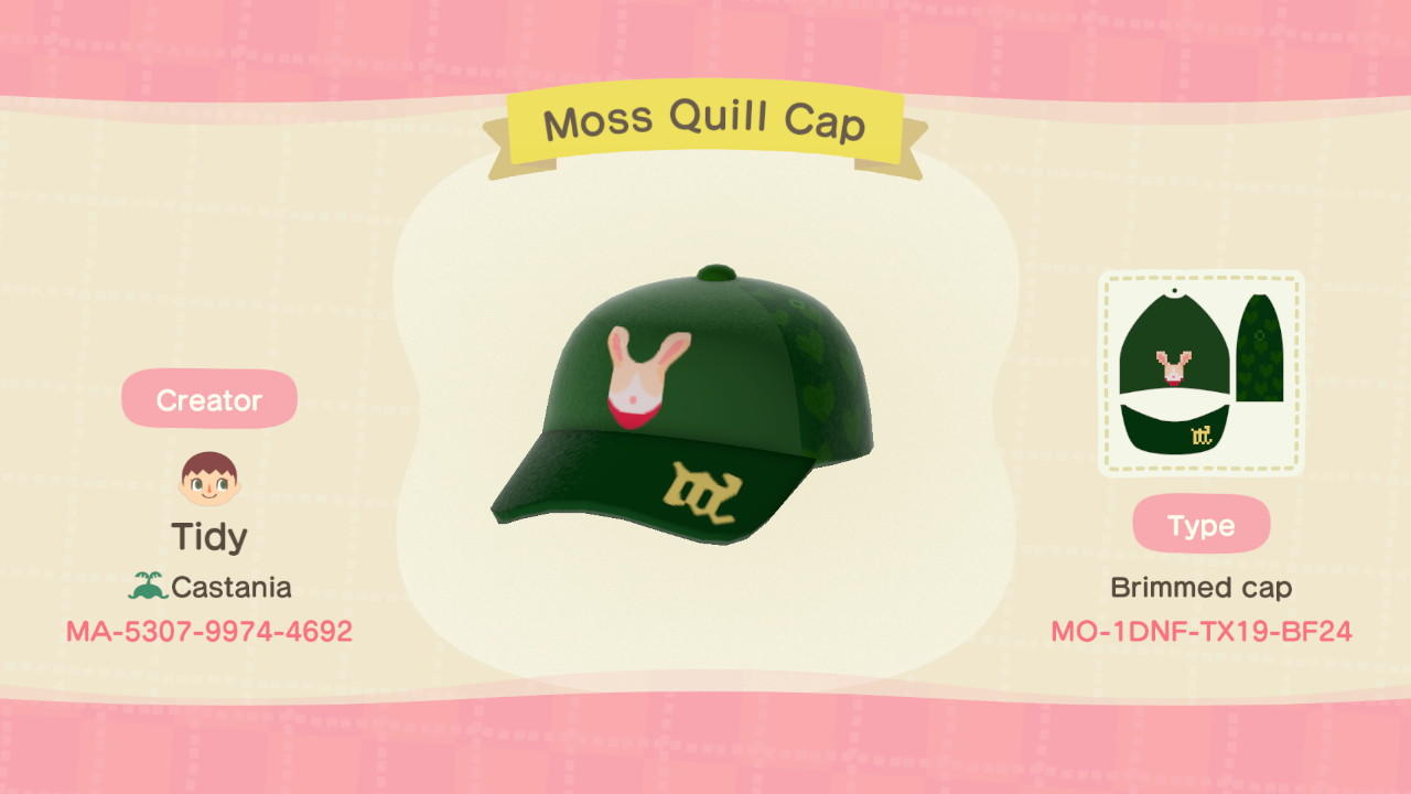 Animal Crossing Design Code: MO-1DNF-TX19-BF24 Moss Quill Cap