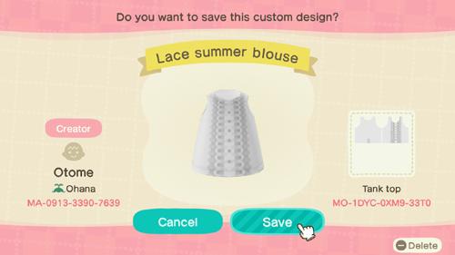 Animal Crossing Design Code: MO-1DYC-0XM9-33TO Lace summer blouse