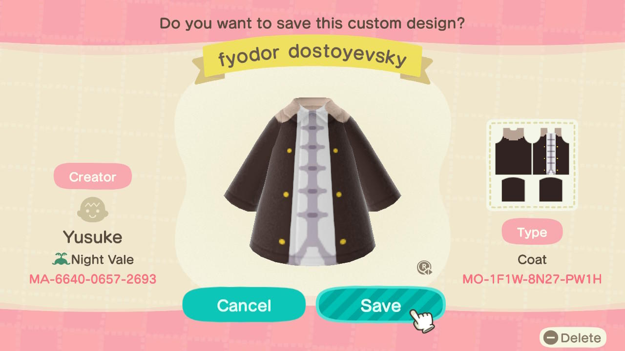 Animal Crossing Design Code: MO-1F1W-8N27-PW1H Fyodor Dostoyevsky