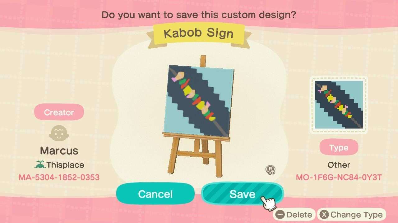 Animal Crossing Design Code: MO-1F6G-NC84-0Y3T Kabob Sign