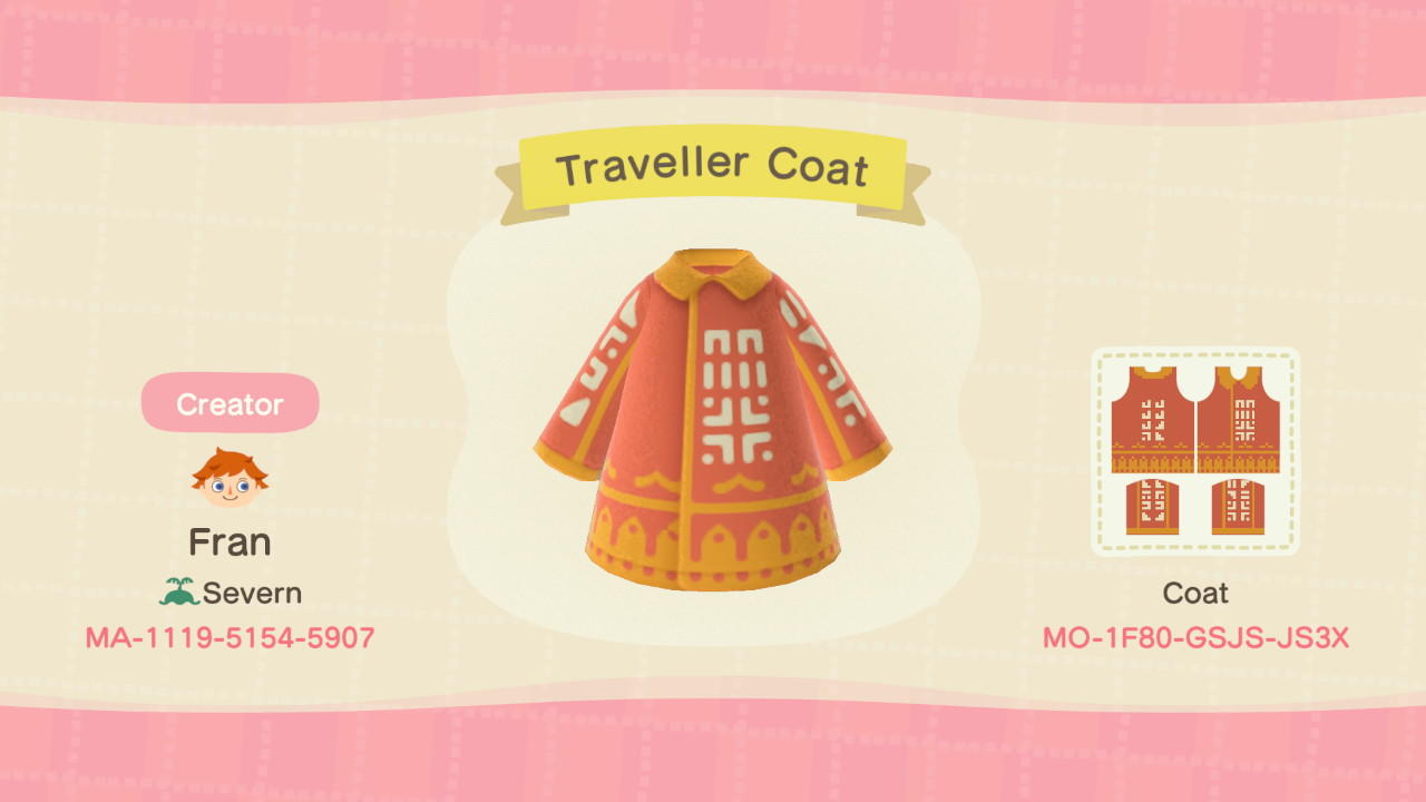 Animal Crossing Design Code: MO-1F80-GSJS-JS3X Traveller Coat