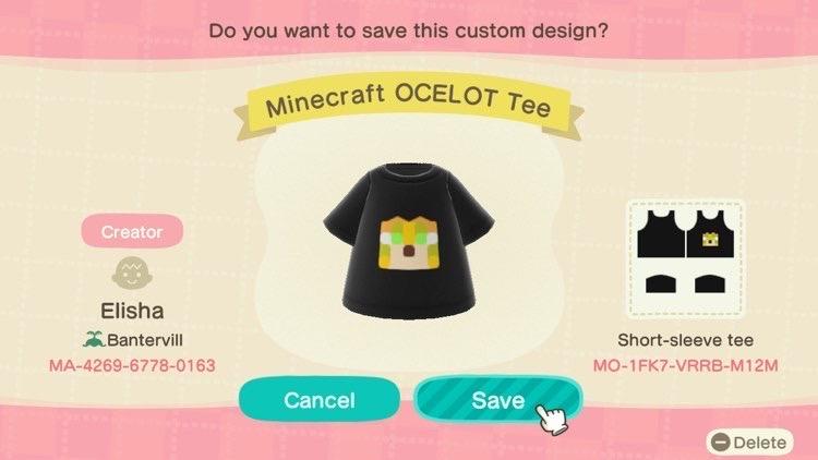 Animal Crossing Design Code: MO-1FK7-VRRB-M12M Ocelot Minecraft Tee
