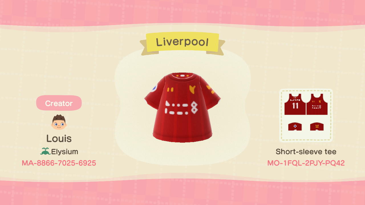 Animal Crossing Design Code: MO-1FQL-2PJY-PQ42 Liverpool FC Shirt