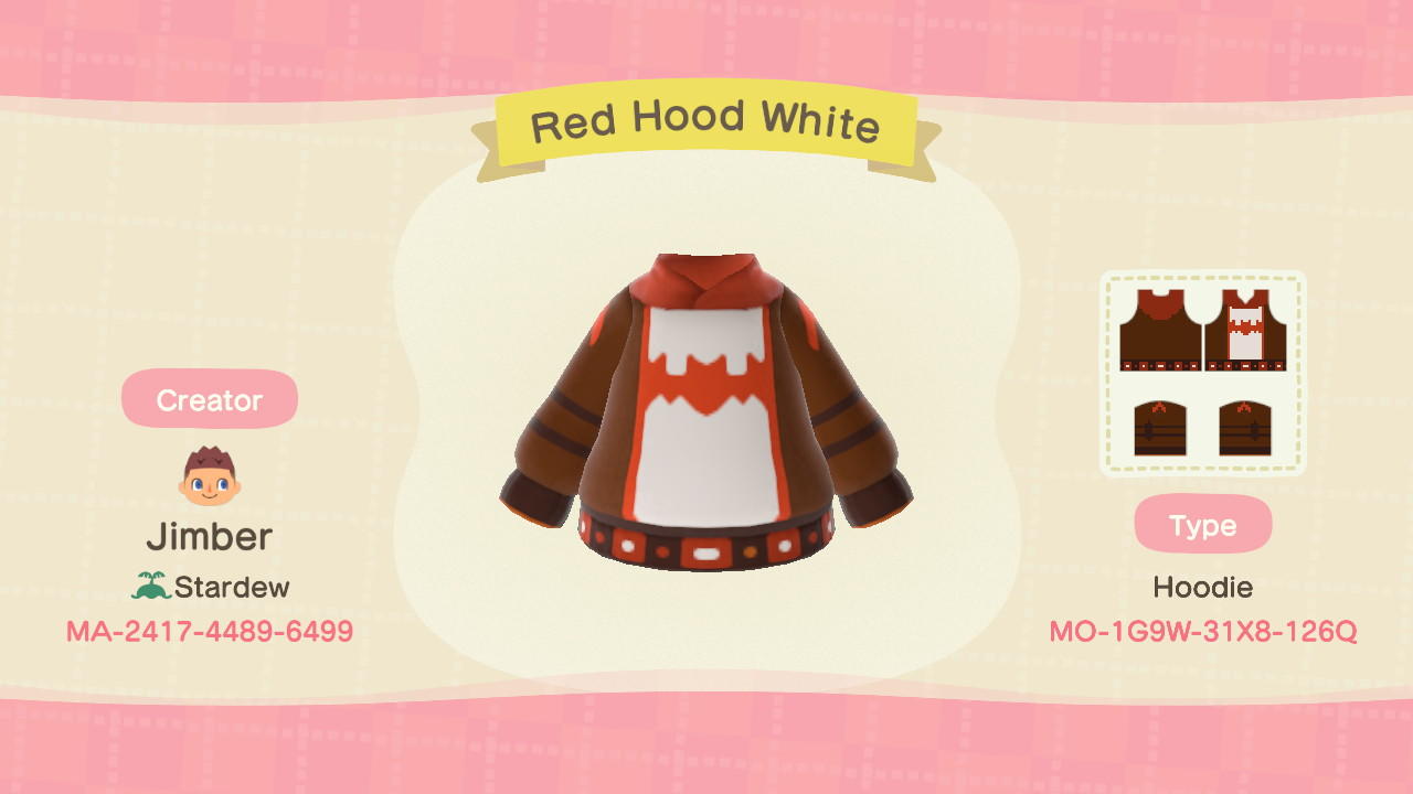 Animal Crossing Design Code: MO-1G9W-31X8-126Q Red Hood White
