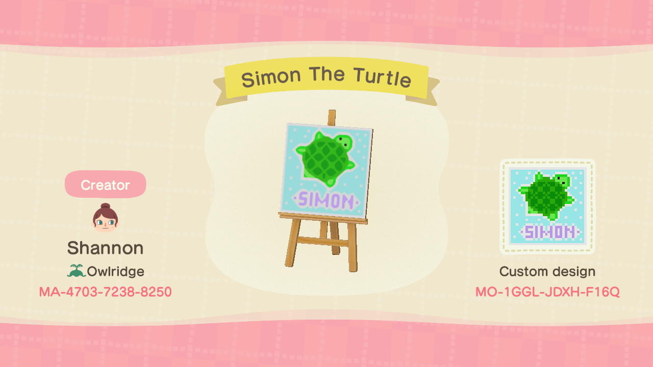 Animal Crossing Design Code: MO-1GGL-JDXH-F16Q Simon the Turtle