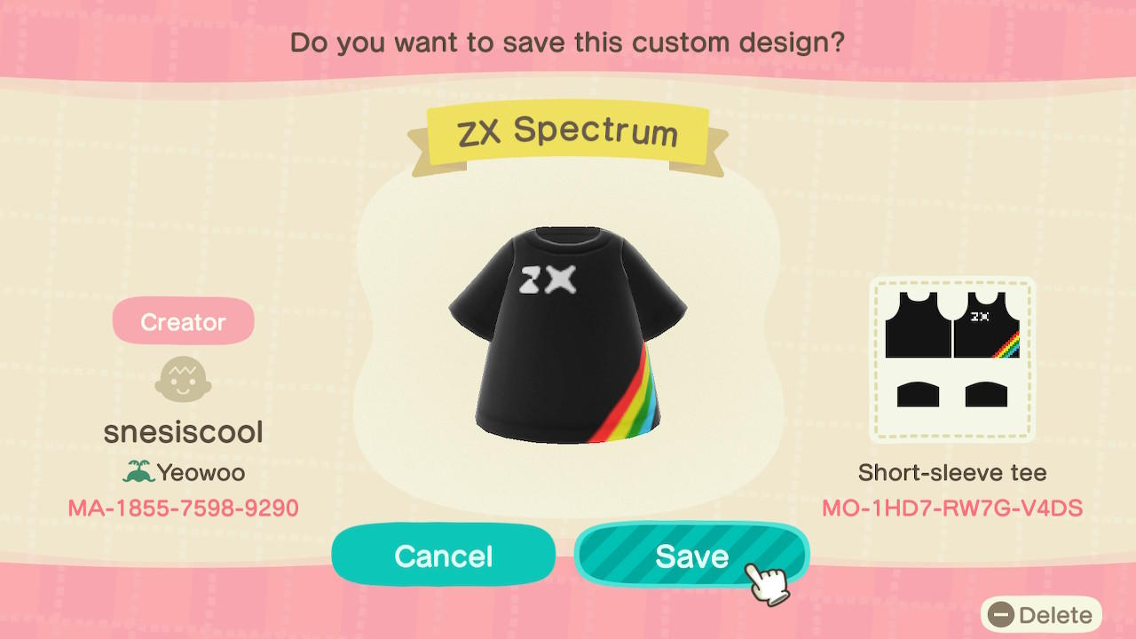 Animal Crossing Design Code: MO-1HD7-RW7G-V4DS ZX Spectrum