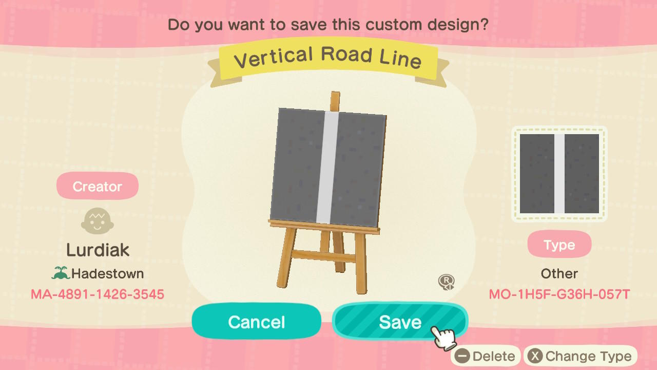 Animal Crossing Design Code: MO-1HGF-G36H-057T Vertical Road Line