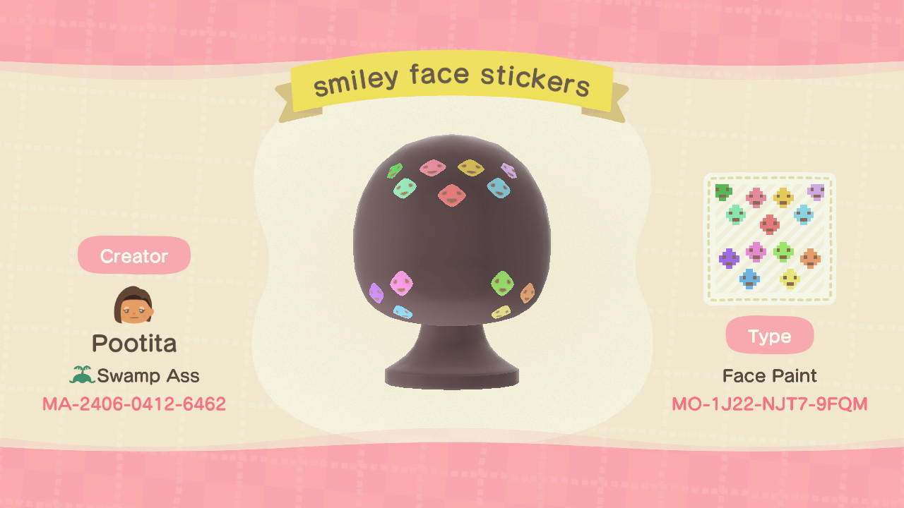 Animal Crossing Design Code: MO-1J22-NJT7-9FQM smiley face stickers