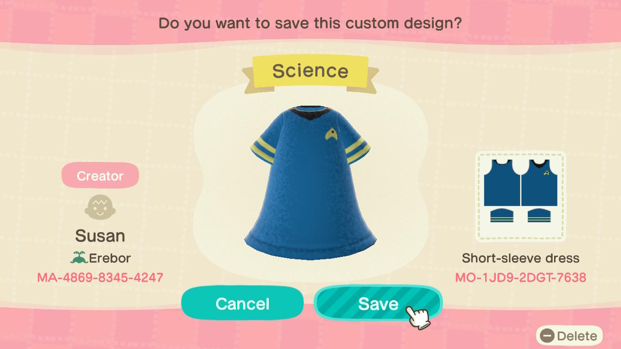 Animal Crossing Design Code: MO-1JD9-2DGT-7638 Star Trek Science