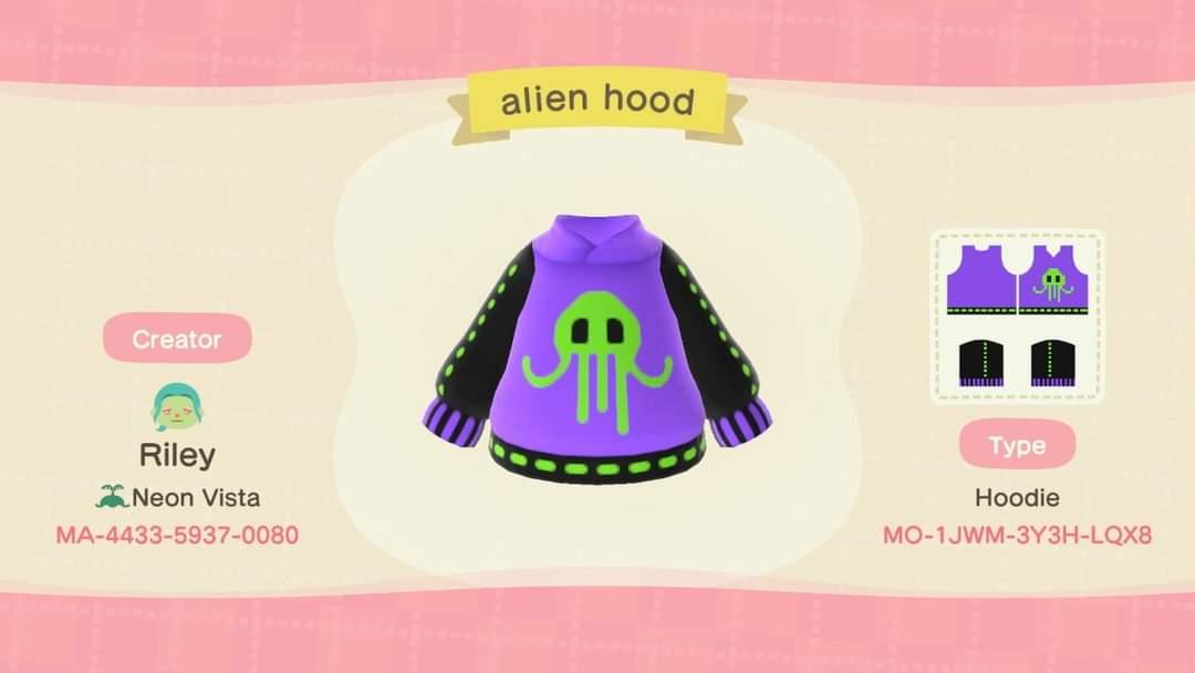Animal Crossing Design Code: MO-1JWM-3Y3H-LQX8 Alien Hoodie