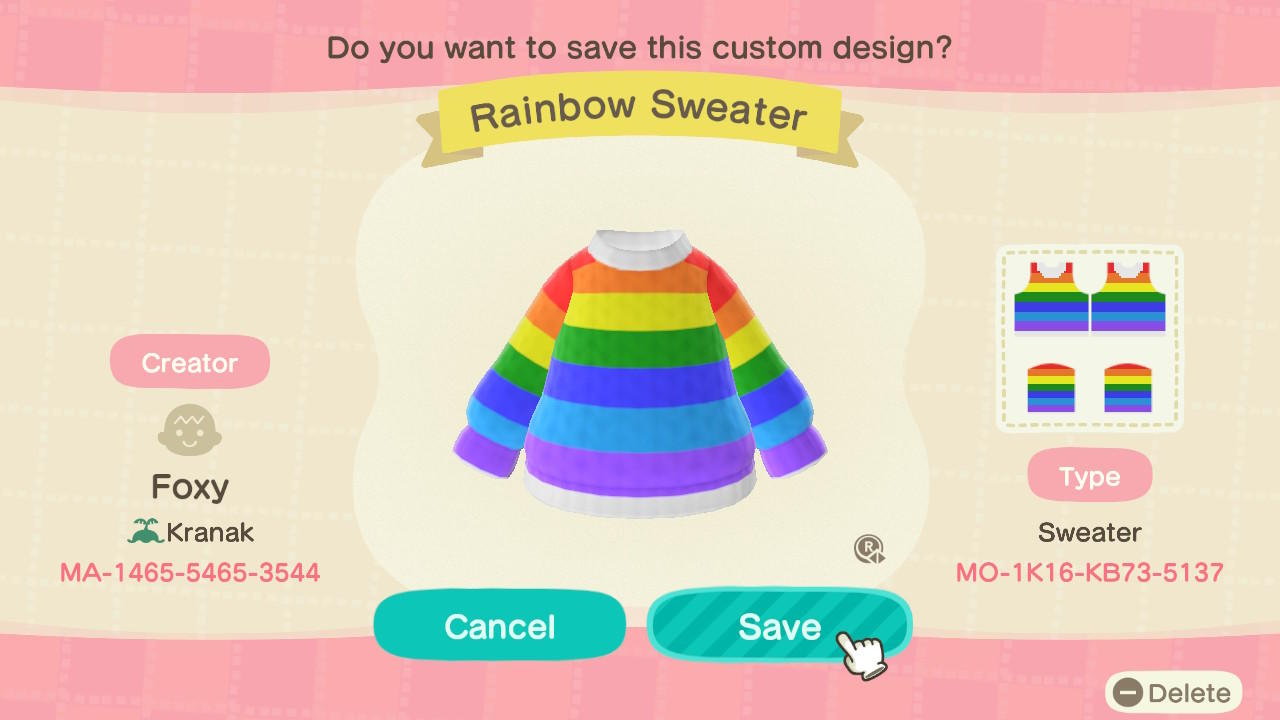 Animal Crossing Design Code: MO-1K16-KB73-5137 Rainbow Sweater